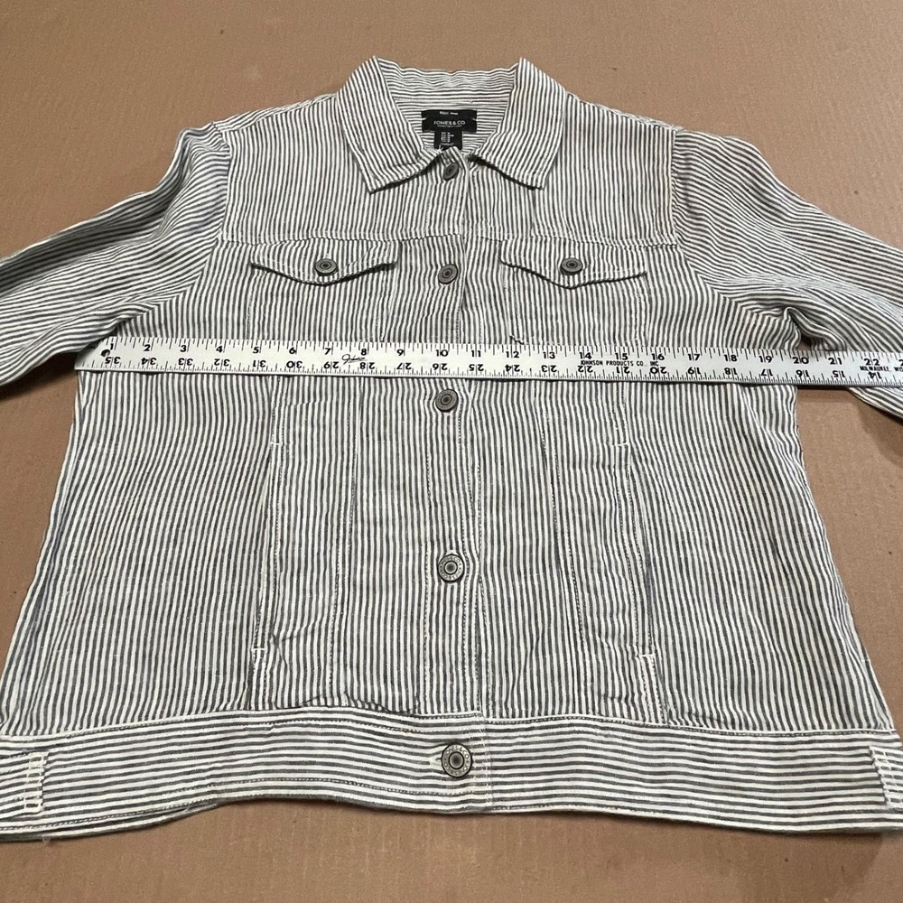 Jones New York Women's Sz Medium Blue/White Striped Linen Trucker Style Jacket - Picture 8 of 15